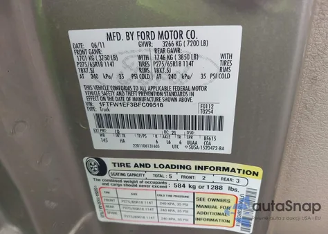 2011 Ford F-150 Lariat z USA, uszkodzony, nr VIN 1FTFW1EF3BFC09518